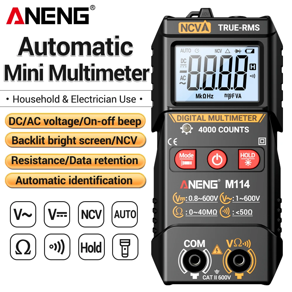 Multímetro Digital ANENG M114 Inteligente com 4000 Contagens, Testador de Tensão AC, Corrente, Resistência, Alarme Sonoro, Proteção Contra Queima, Medidor Elétrico NCV