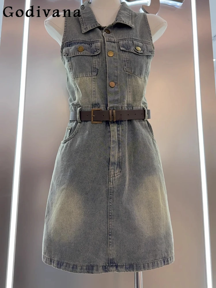

Summer Korean Turn-down Collar Denim Sleeveless Short Dress Elegant Girl Retro Blue Versatile High Waist Age Reduction Dresses