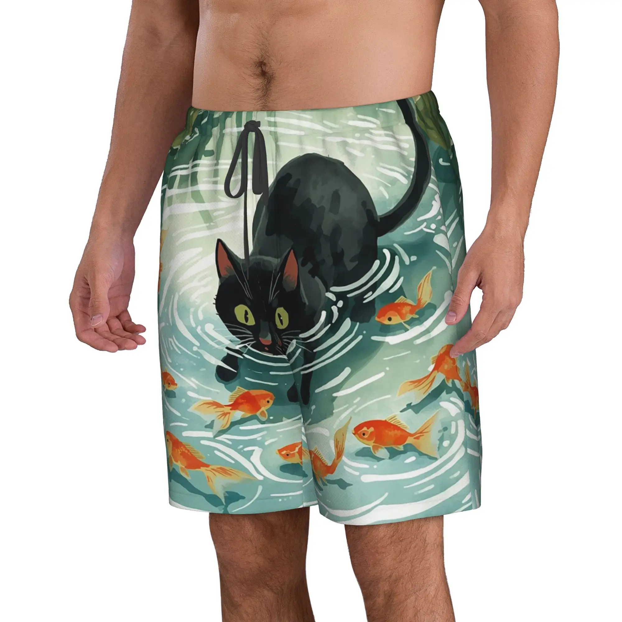 Cat Peeking Into Water Staring at Swimming Fish Trunks Beach Board Shorts Casual Quick Dry Swim Summer Men Pants