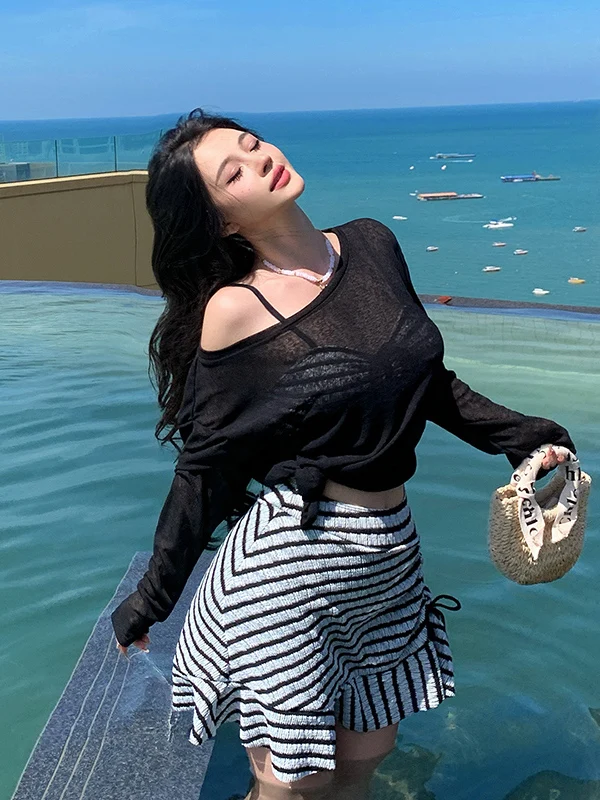 

Комплект женского купальника большого размера для термальных источников: топ с открытыми плечами, длинный рукав, накидка, полосатое бикини с эффектом похудения