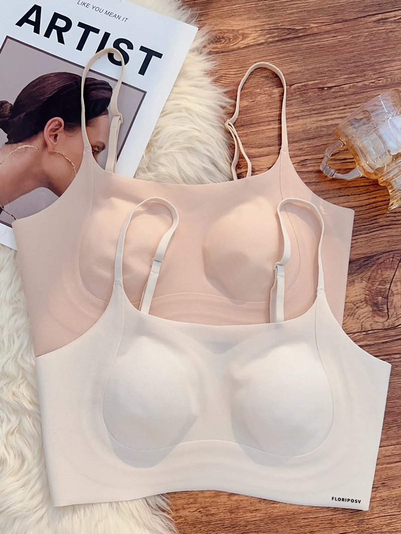 KUCLUT Ice Silk Strap Bra Women Thin Style Big Chest Looks Small Seamless Gathered Thin Strap Underwear Vest Adjustable Sho...