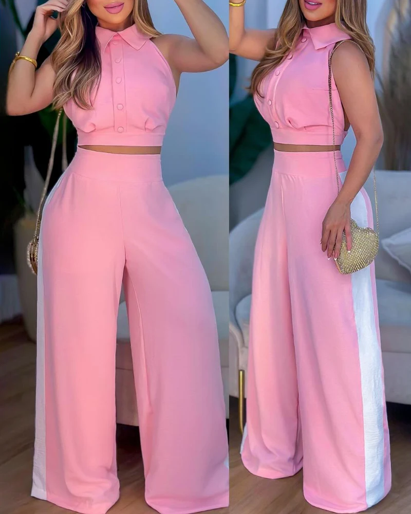 2024 Women 2 Pieces Turn-down Collar Button Front Sleeveless Top and Casual Wide Leg Pants Set