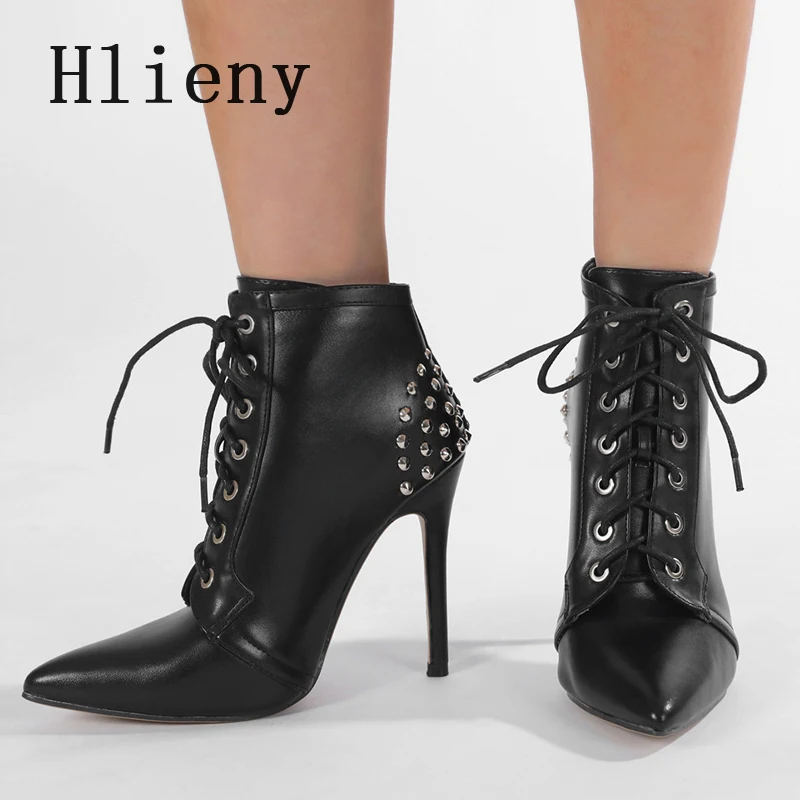 Hlieny Street Style Pointed Toe T-tied Lace-up Women Ankle Boots Sexy Rivet Thin High Heels Elegant Shoes Zapatos De Mujer Black