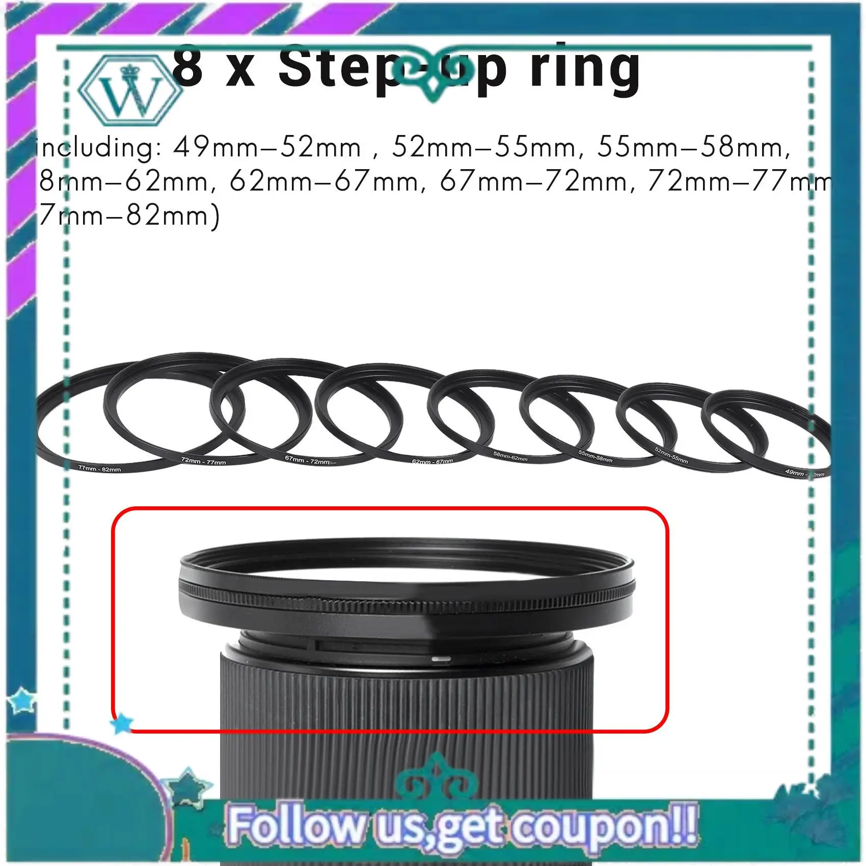 A75Q-8 Pieces Step-Up Adapter Ring Set,Includes 49-52Mm, 52-55Mm, 55-58Mm, 58-62Mm, 62-67Mm, 67-72Mm, 72-77Mm, 77-82Mm-Black