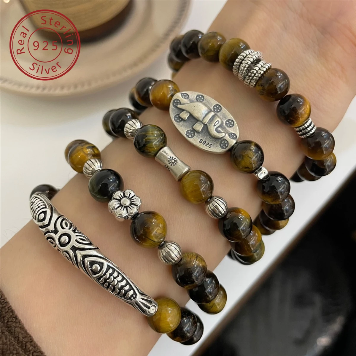 925 Silver Autumn/Winter New Natural Yellow Tiger Eye Stone Elastic Bracelet Set, No Gender Accessories