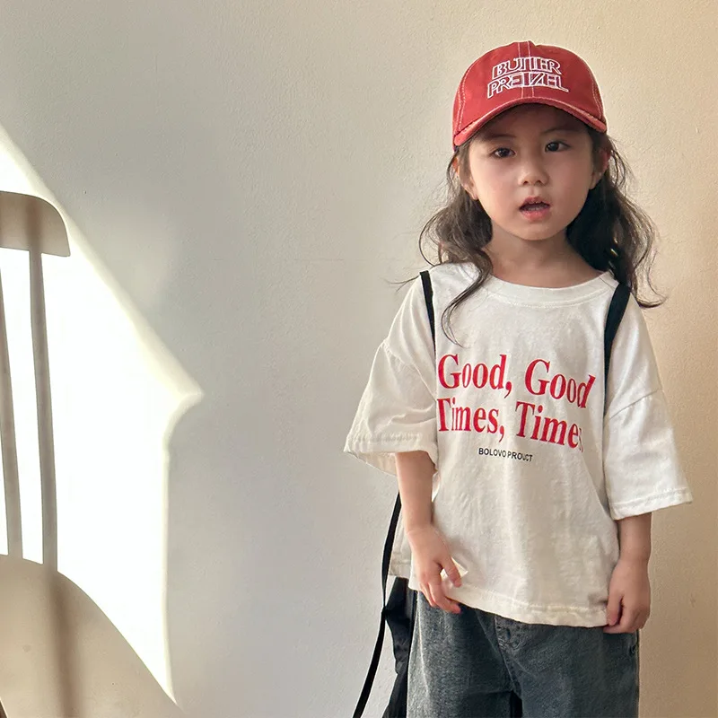 T-shirt à Manches Courtes pour Enfant, Pull Décontracté avec Lettres Imprimées, à la Mode, pour Bébé Fille et Garçon, Été, 2024