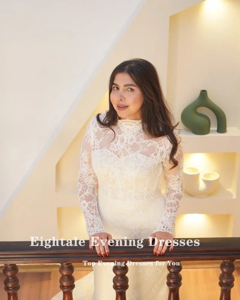 Eightale boho vestidos de casamento personalizado mangas compridas rendas alta pescoço apliques sereia renda muçulmano vestido de noiva novia