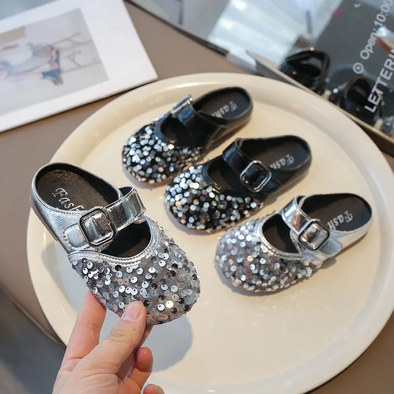 Girl's Sequin Closed Toe Slippers School Student Summer New Princess Shoes Baby Wear Children's Kids Sandals