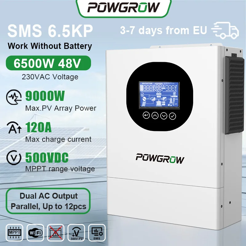 48V 6,5 kW hybride zonne-omvormer van POWGROW, zuivere sinusgolf, 120A MPPT-laadregelaar, wifi-monitoring, parallelle ondersteuning, off-grid zonne-omvormer voor huishoudelijke en buitentoepassingen.
