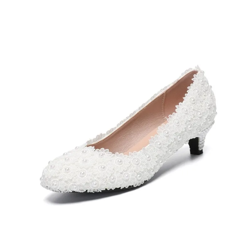 2026 Summer New White Pearl Lace Floral Beaded Wedding Shoes 7cm Thick Heel Square Heel Sandals Banquet Large-size Women's Shoes - view 6