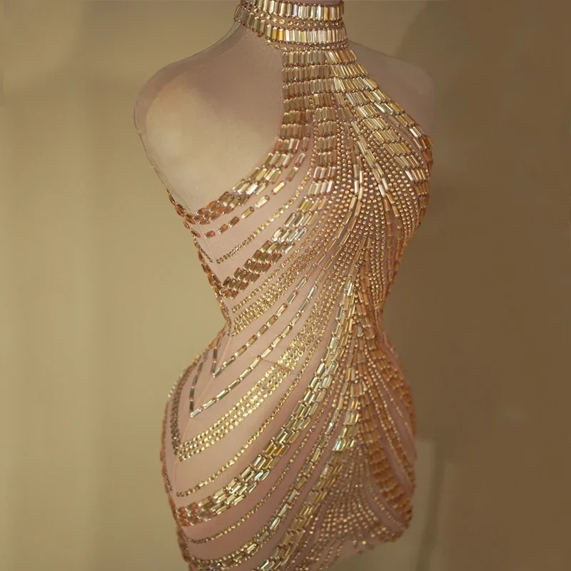 Gold Rhinestones Dress Gogo Costume Rave Outfit Women Dj Ds Pole Dance Clothing Stage Clubwear red gold club Sequins outfits