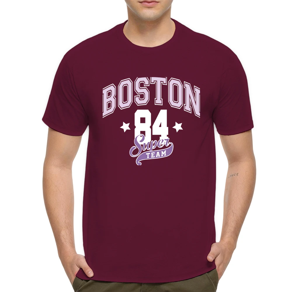 Mens 100% Cotton T Shirt Boston Super Team Vintage Varsity Arch Cursive Ribbon Banner Print Breathable Short Sleeve Daily Wear