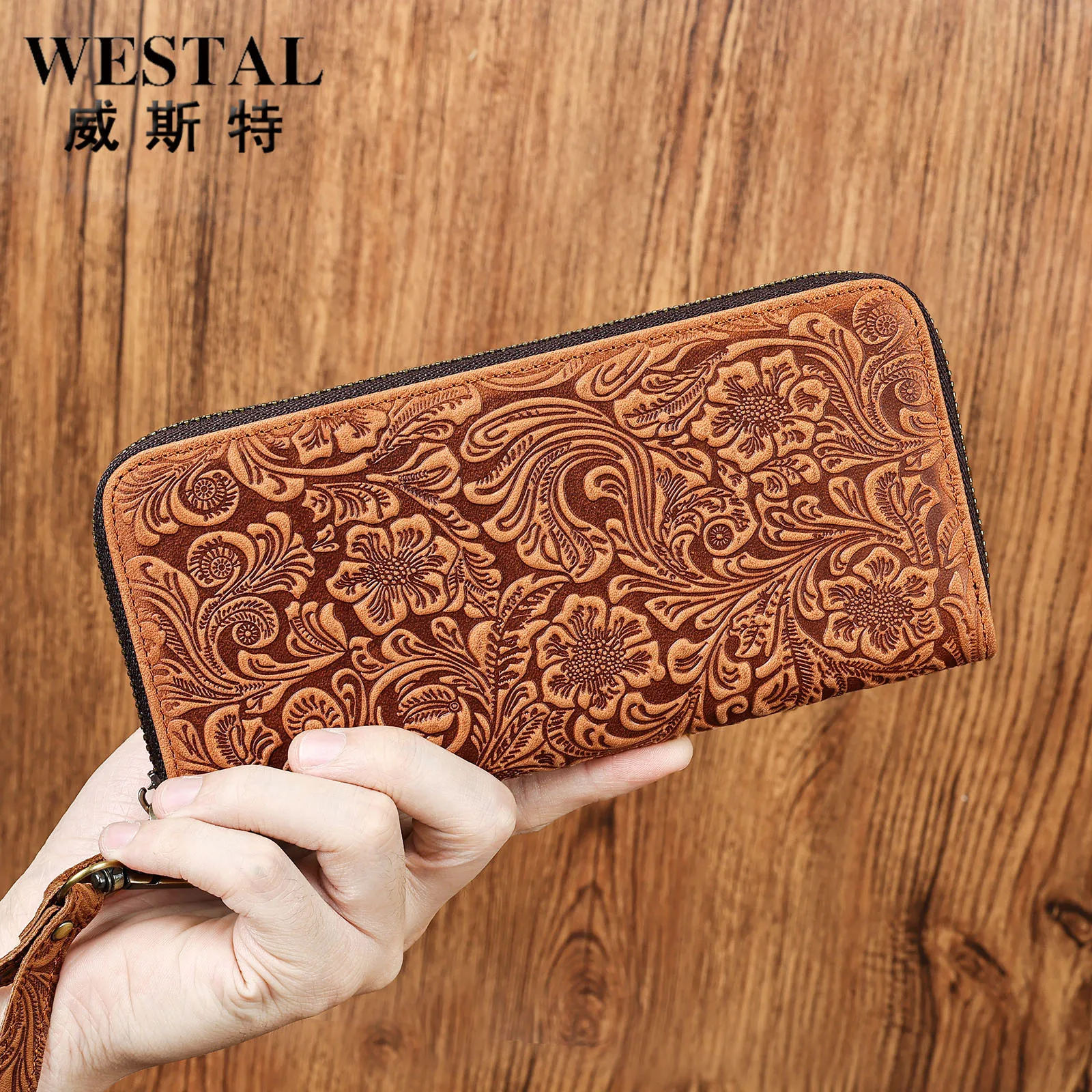 

Crazy Horse Leather long leather zipper wallet with multiple compartments, retro mobile phone storage, hand-held wallet