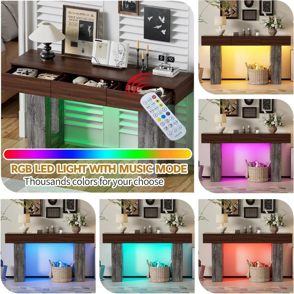 Farmhouse Style 63 LED Lighted Console Table with Storage Drawers, Wooden Entryway Sofa Table