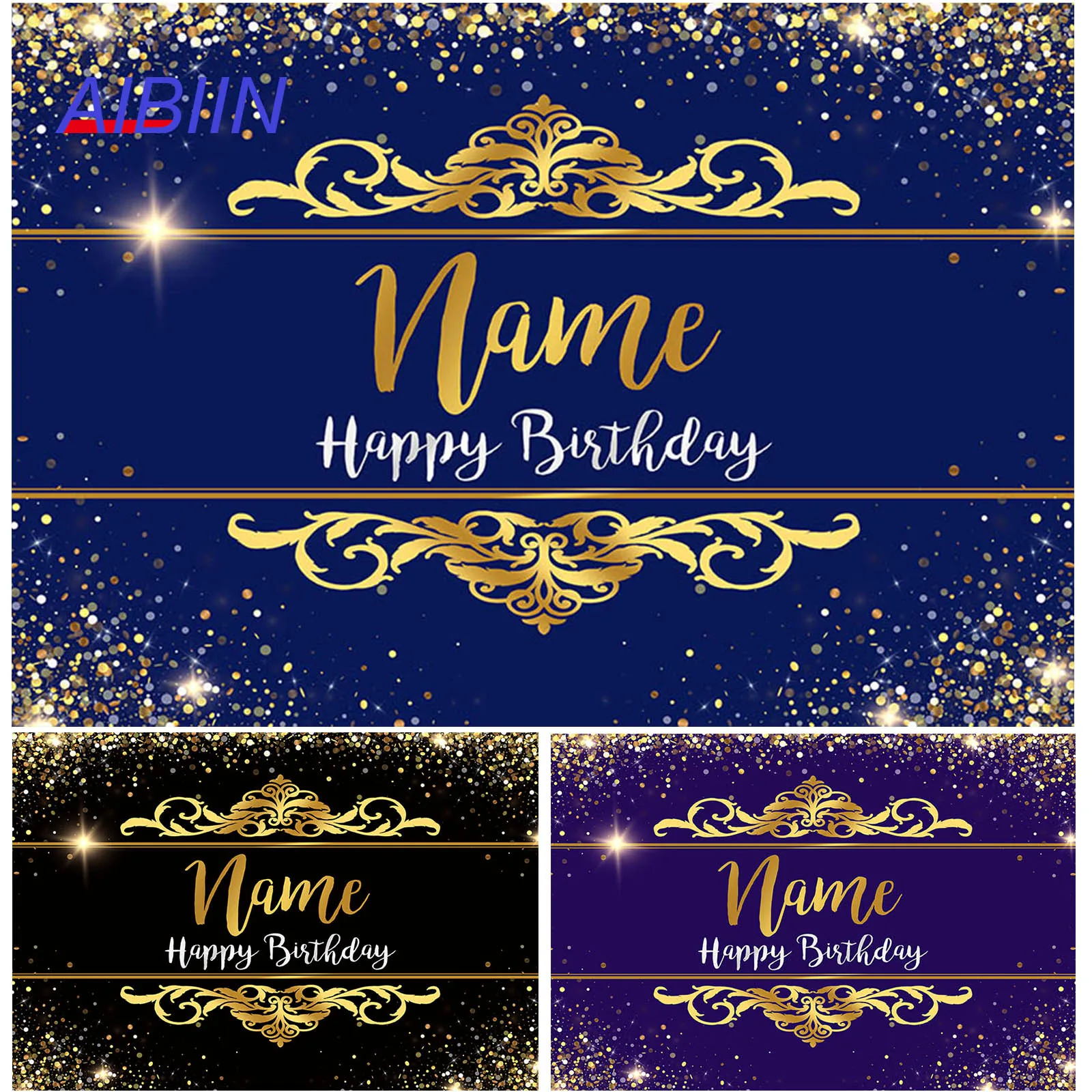 

AIBIIN Custom Name Birthday Photography Backdrop Black Blue Purple Gold Glitter Dots Backdrop Party Decor DIY Photozone Banner