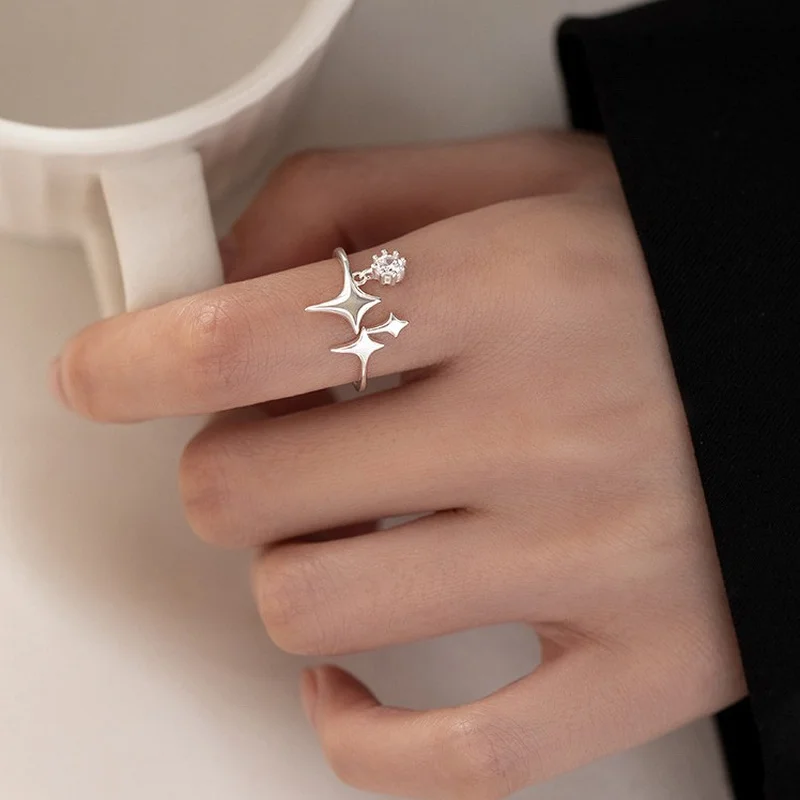 2022 Silver Color Minimalist Irregular Stars Open Ring for Women Tassel Unique Design Rhinestones Rings Jewelry Accessories Gift