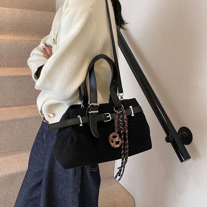 Belt Buckle Design Top-handle Bags For Women Soft Suede Large Capacity Shoulder Cross Body Bag 2024 Winter New Designer Handbags