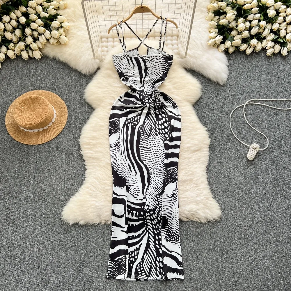 Chic Print Hollow halter Slip Dress Slim High Waist Evening Party Women Halter Hip Wrap Ceremonial dresses