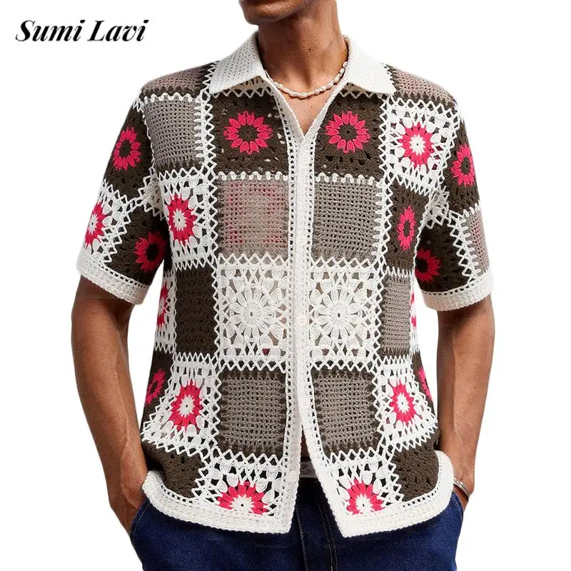 

Стильные вязаные рубашки с цветочной вышивкой, мужские сексуальные ажурные прозрачные сетчатые вязаные кардиганы, летние повседневные топы с короткими рукавами