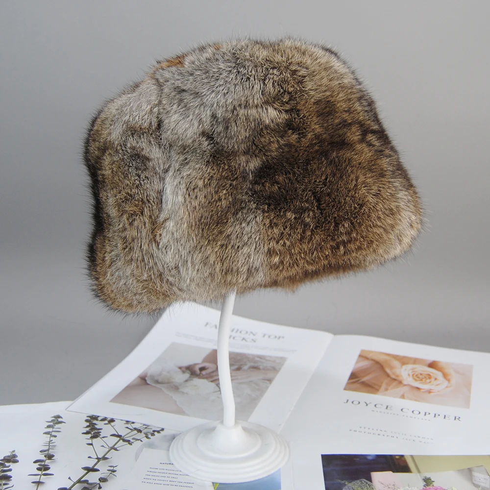 Rabbit Fur Cap Man Winter Genuine 100% Fur Bomber Hat Windproof Warm Earmuff Male Flat Outdoor Warm Russian Hat Fitted Casquette