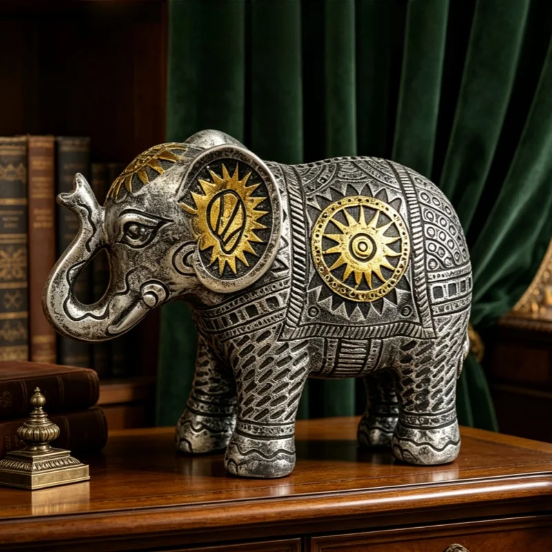 Statue d'éléphant à motif soleil bohème, figurine décorative en résine, accent argenté doré, décoration d'intérieur de style tribal