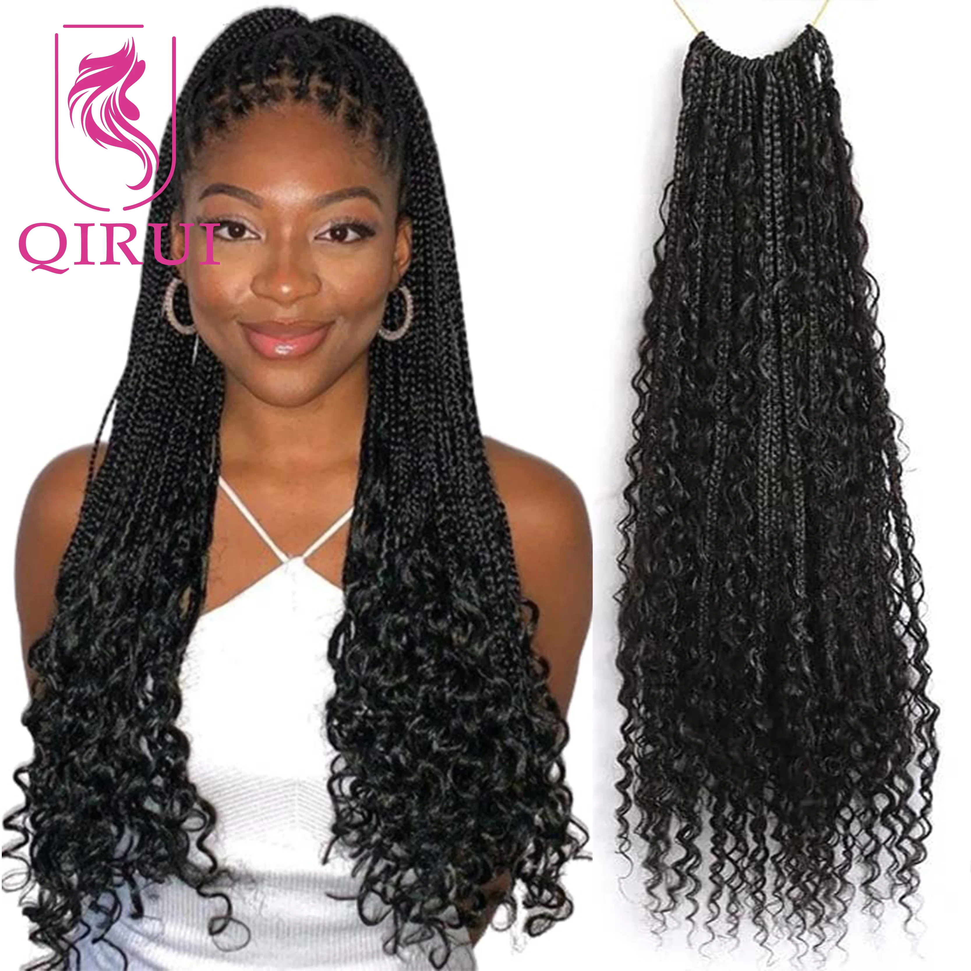 

24 Inch Human Hair Crochet Boho Box Braids Curly Ends Long Pre-looped Synthetic Braid Human Hair Curls Braiding Hair Extensions