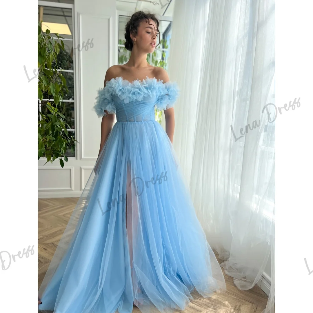 Lena Ball Gowns Gauze Party Dress for Wedding Guest Dress Women A Line Long Skirt Sky Blue Off the Shoulders Side Slit Dresses