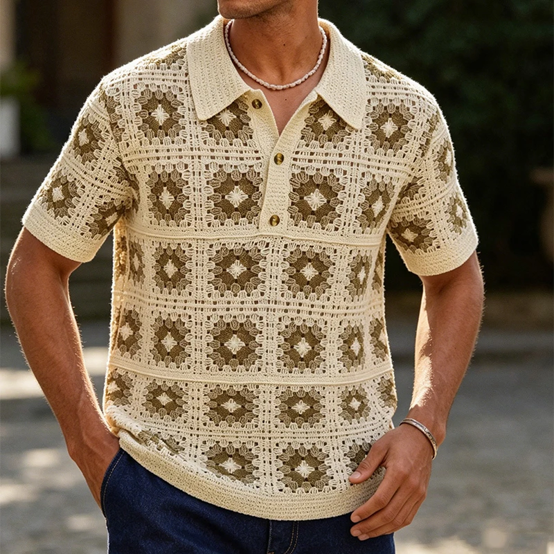2026 Summer New Casual Mens Hollow Out Shirts Vintage Turn-down Collar Button Cardigans Men Fashion Florals Crochet Shirt Tops