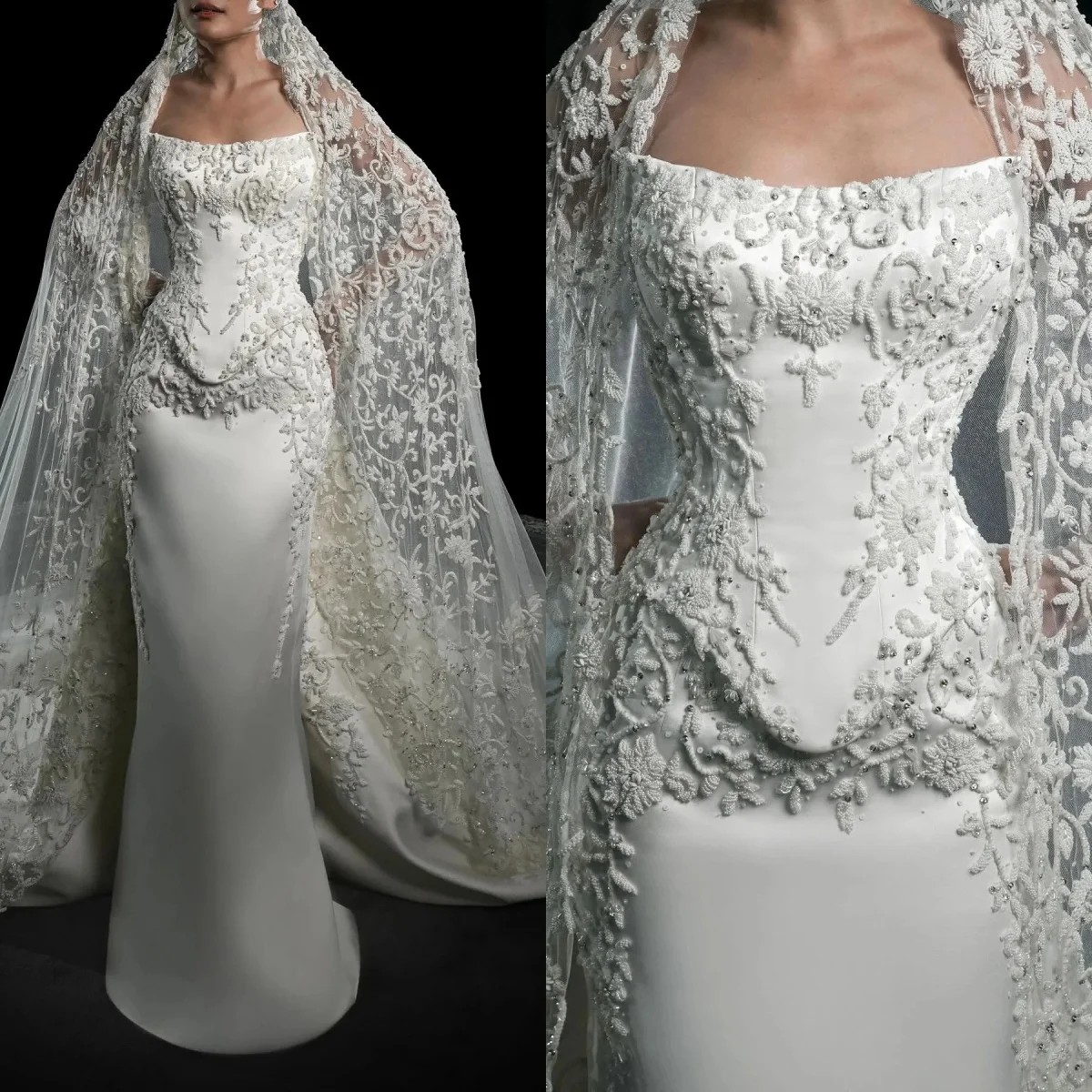 

Vintage Lace Sheath Wedding Dress Elegant Strapless Appliques Bridal Dress With Detachable Train Customized vestidos de novia
