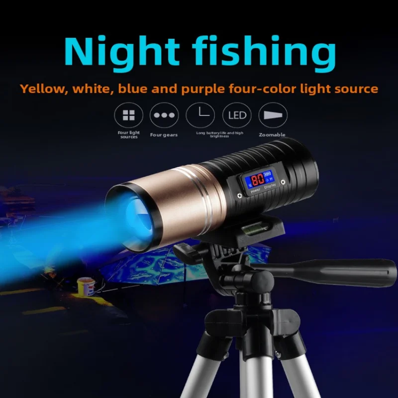 

Super Bright Fishing Lamp Made Of Aluminum Alloy 4 Light Source Color Display Zoomable Waterproof Flashlight For Night Fishing