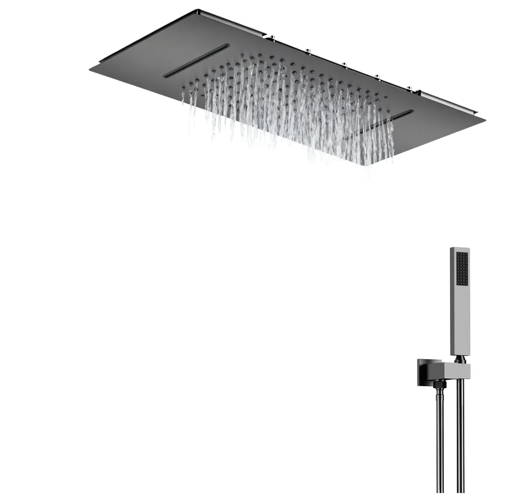 

Luxury Ceiling 630*330 MM Waterfall Rain Shower Head Set Gun Gray 4 Way Thermostatic Brass Square Modern Shower Full System Body