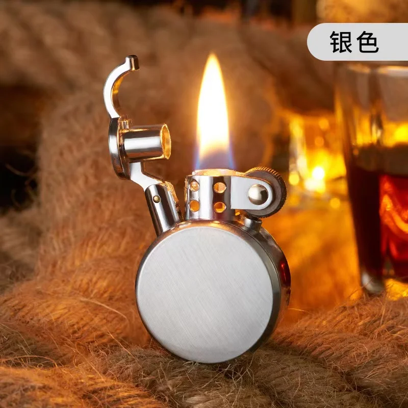 New Retro Round Kerosene Lighter Creative Metal Windproof Flame Lighter Gold and Silver Oil Lighter Smoking Accessories Tool