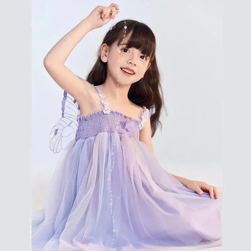 Gradual Color Children's Beach Dress 2024 Summer Tourism Girls Colorful Mesh Purple Princess Dress Birthday Party Dress 1-7T