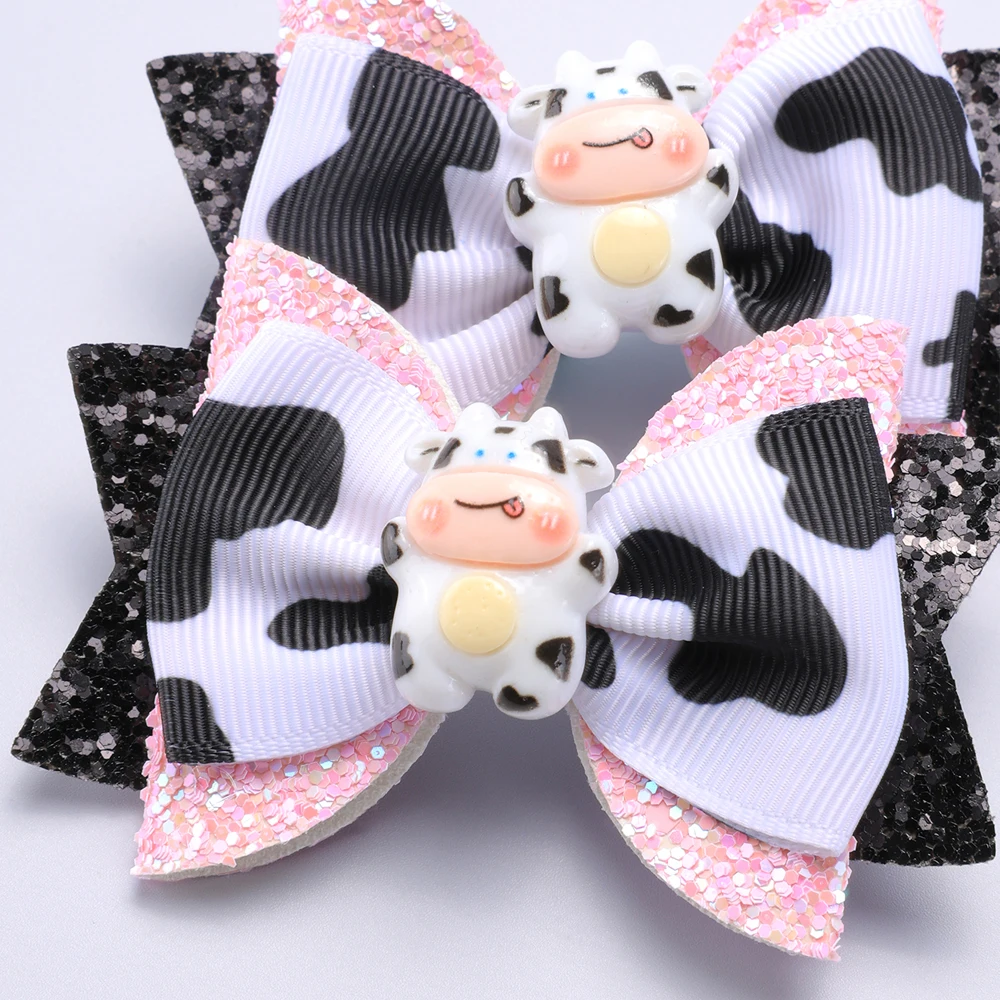 2PC Girls Cow Print Glitter Bow Hair Clips Cute Cow Bow Grosgrain Ribbon Bow Clips Girls Hair Accessories Headwear Hair Clip image 4