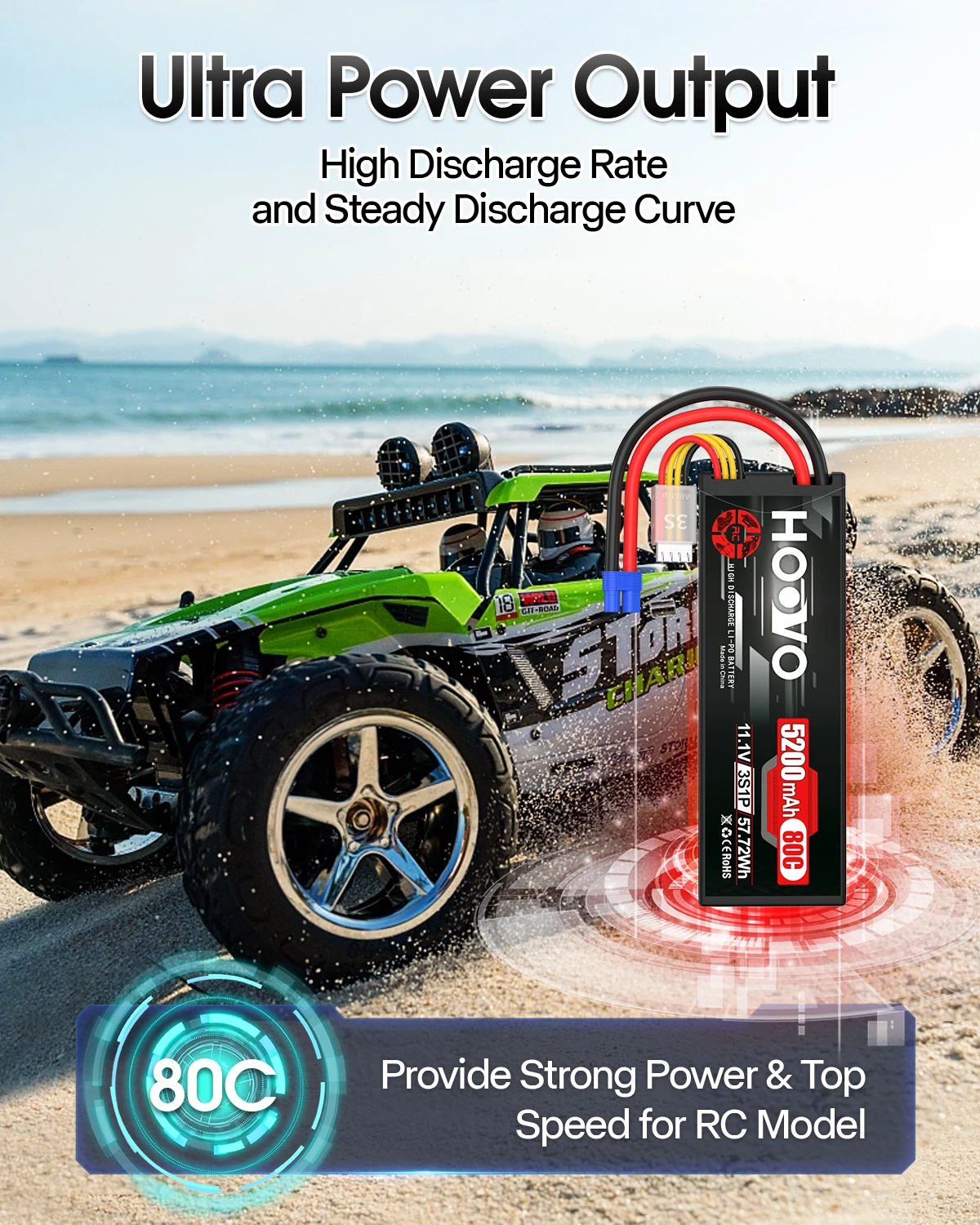 HOOVO 11.1V 3S Lipo Battery 5200mAh 80C Hard Case Battery with EC3 Connector for RC Car Boat Truck Heli Airplane FPV Racing