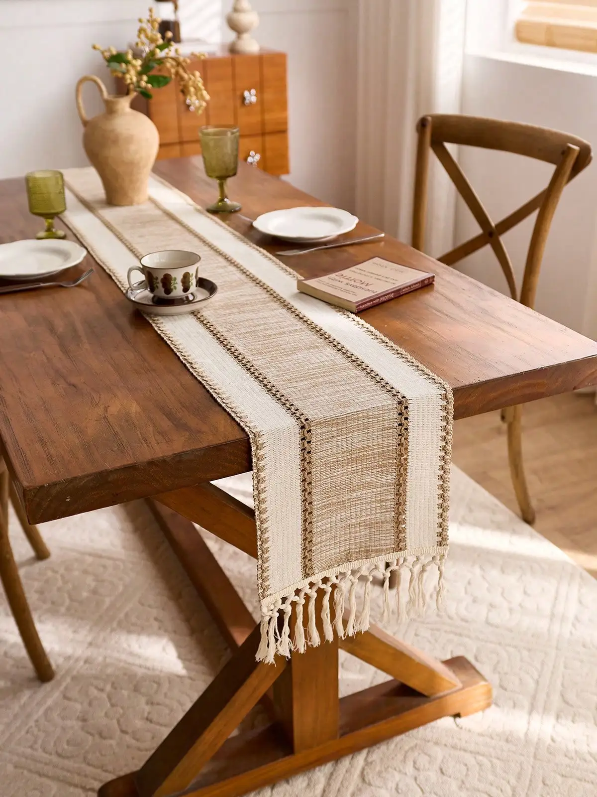 Khaki Makramee-Stil Boho Farmhouse Tischläufer mit Quasten Rechteckiges Design Strapazierfähiger Stoff für Heim-, Restaurant- und Küchendekoration – Detail 13