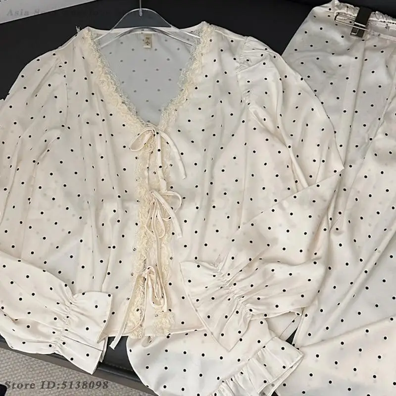 Polka Dots Ruffle Edge 2PCS Pajamas Set 2025 Spring Summer Ice Silk Sleepwear Women Gentle Long Sleeved V-Neck Loose Loungewear