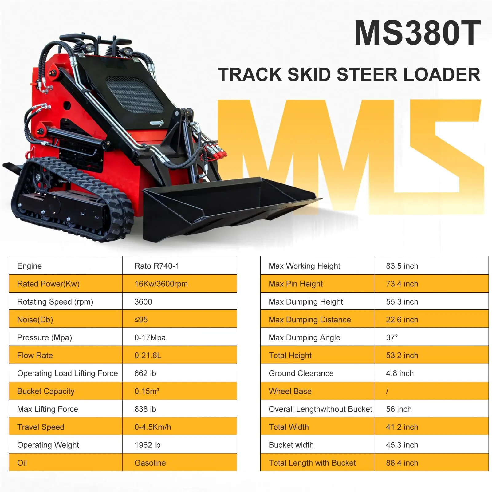 MMS Mini Triangular Track Skid Steer Loader with 23HP RATO Gasoline Engine46 inch Bucket Crawler  Loader One Year Warranty