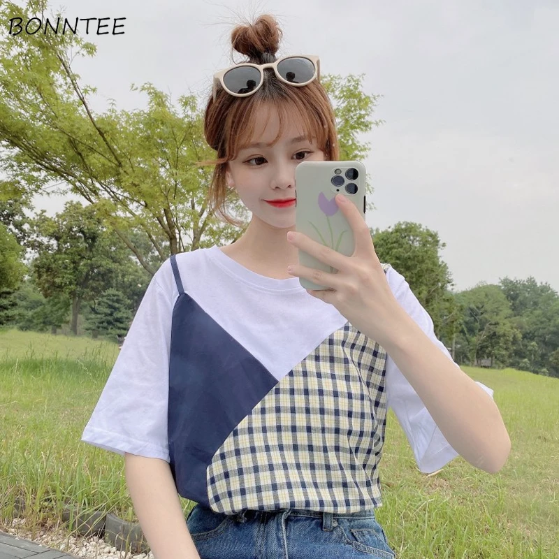 Kurzarm T-shirts Frauen Gefälschte Zwei Stück Tops Sommer Junge Student Mode Koreanischen Stil Ins Einfach Alle-spiel Patchwork Beliebt