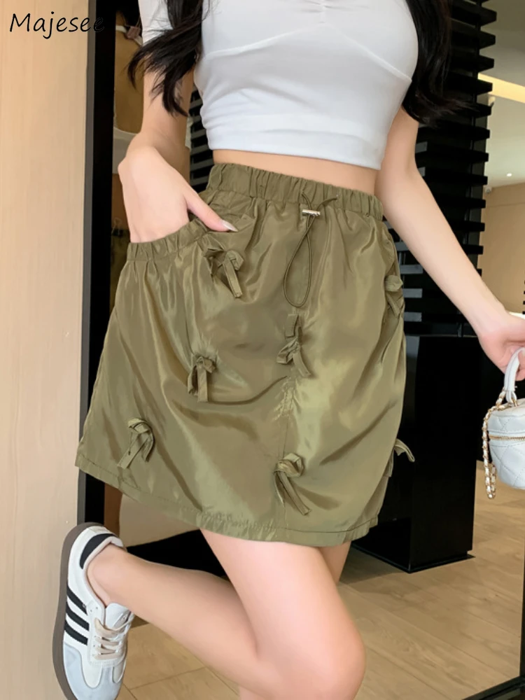 

Solid Skirts Women Bow Vintage A-line Elastic High Waist Spring Korean Style All-match Design Simple Lace-up Girls Casual Mujer