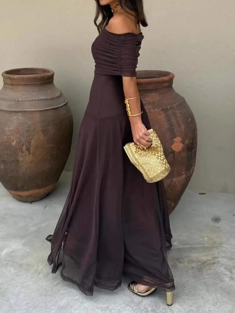 Sexy mouwloze commuterjurk mode hoge taille strapless slanke lange jurk dames elegante mesh splitsen effen kleur feestjurk - afbeelding 2
