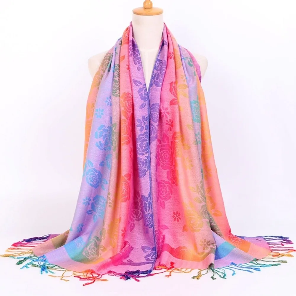 

Luxury Retro Ladies' Shawl Ethnic Style Colorful Gradient Scarf Soft Rose Print Long Fringed Scarf for Women