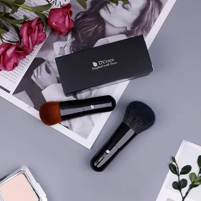 DUcare Foundation Powder Brushes 2PCS Makeup Blush Brushes Set Buffing Stippling Liquid Blending Mineral Powder Tools Black