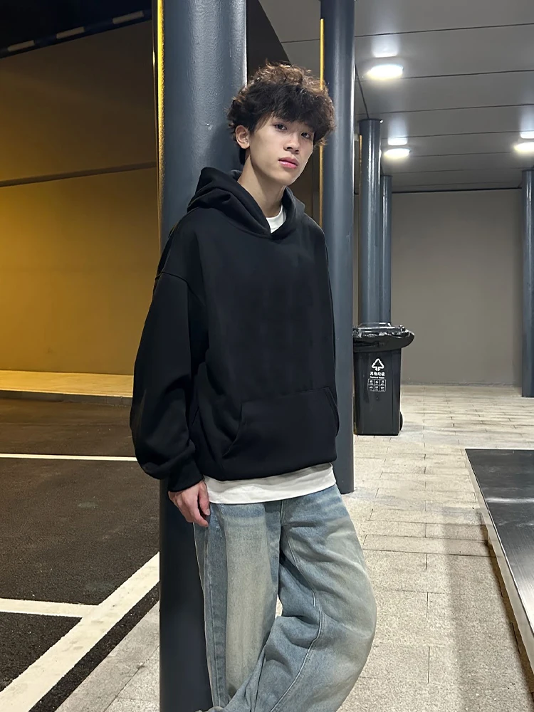 

Black Heavyweight Hoodie Men's Short Oversize American Style Sweatshirt Cleanfit Trendy Brand Casual Wear for Autumn
