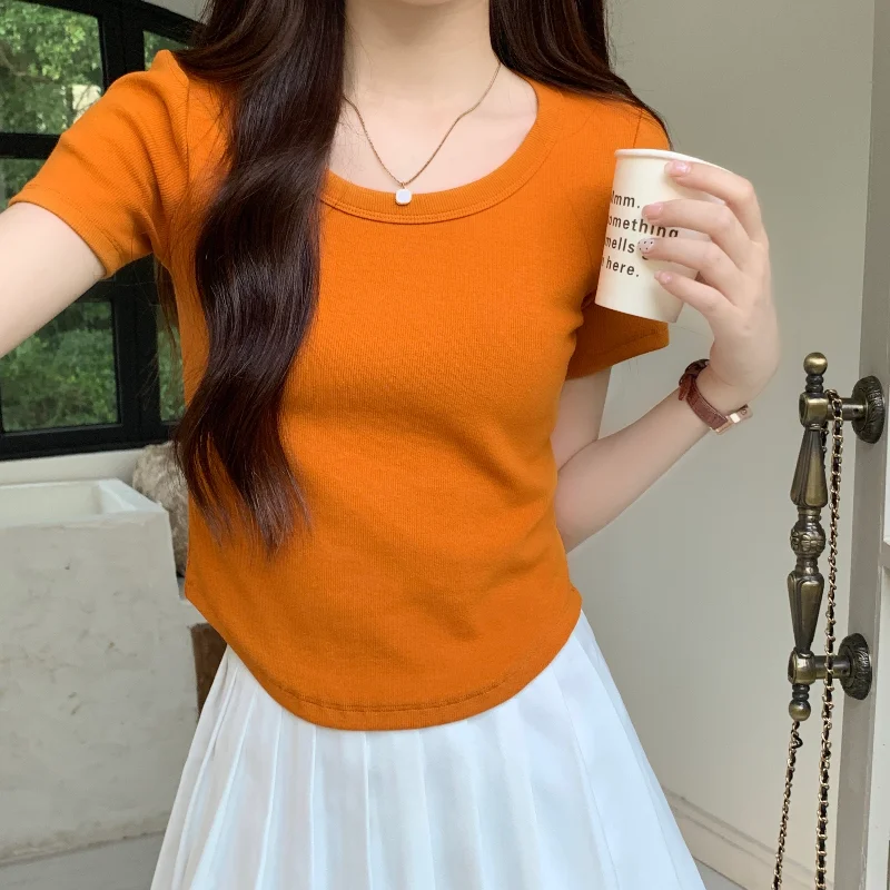 

Casual Screw Thread Short Sleeve T Shirt Women Fashion Sheath Slim Short Tops 2023 Summer New Basic Round Neck All-match T-shirt