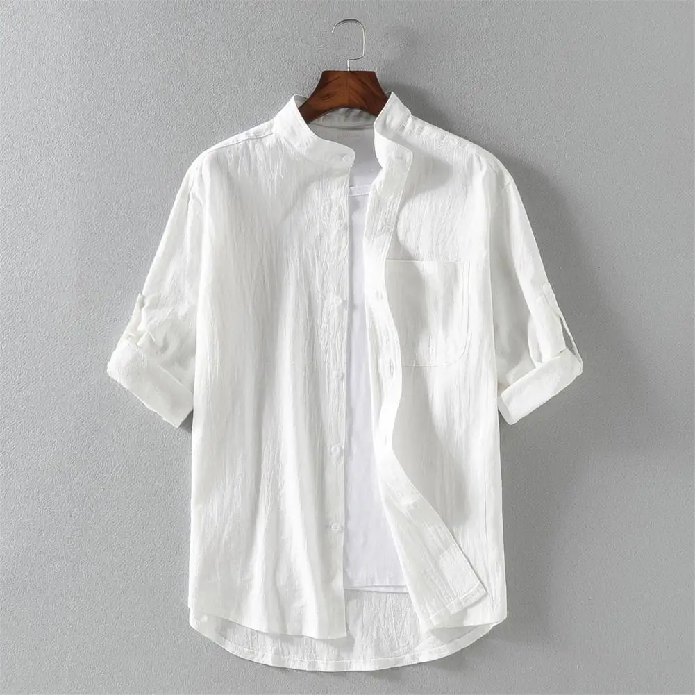 Cotton Linen Hot Sale Men Short-Sleeved Shirts Summer Solid Color Stand-Up Collar Casual Beach Style Plus SizeMale Shirts M-5XL