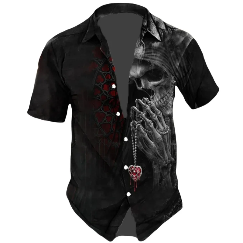 Horror Skulls Print  Men\'s Shirts Summer Hip Hop Style Short Sleeve Lapel Shirts For Men Streetwear Hawaiian Beach Holiday Shirt