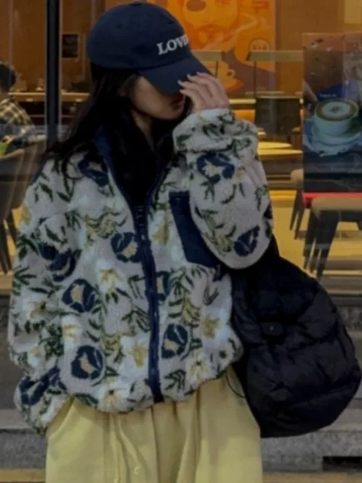 Chic Winter New Vintage Lamb Fur Floral Patchwork Color Coat Women Loose Nordic Sle Warmth Trendy Outerwear ort Jaet