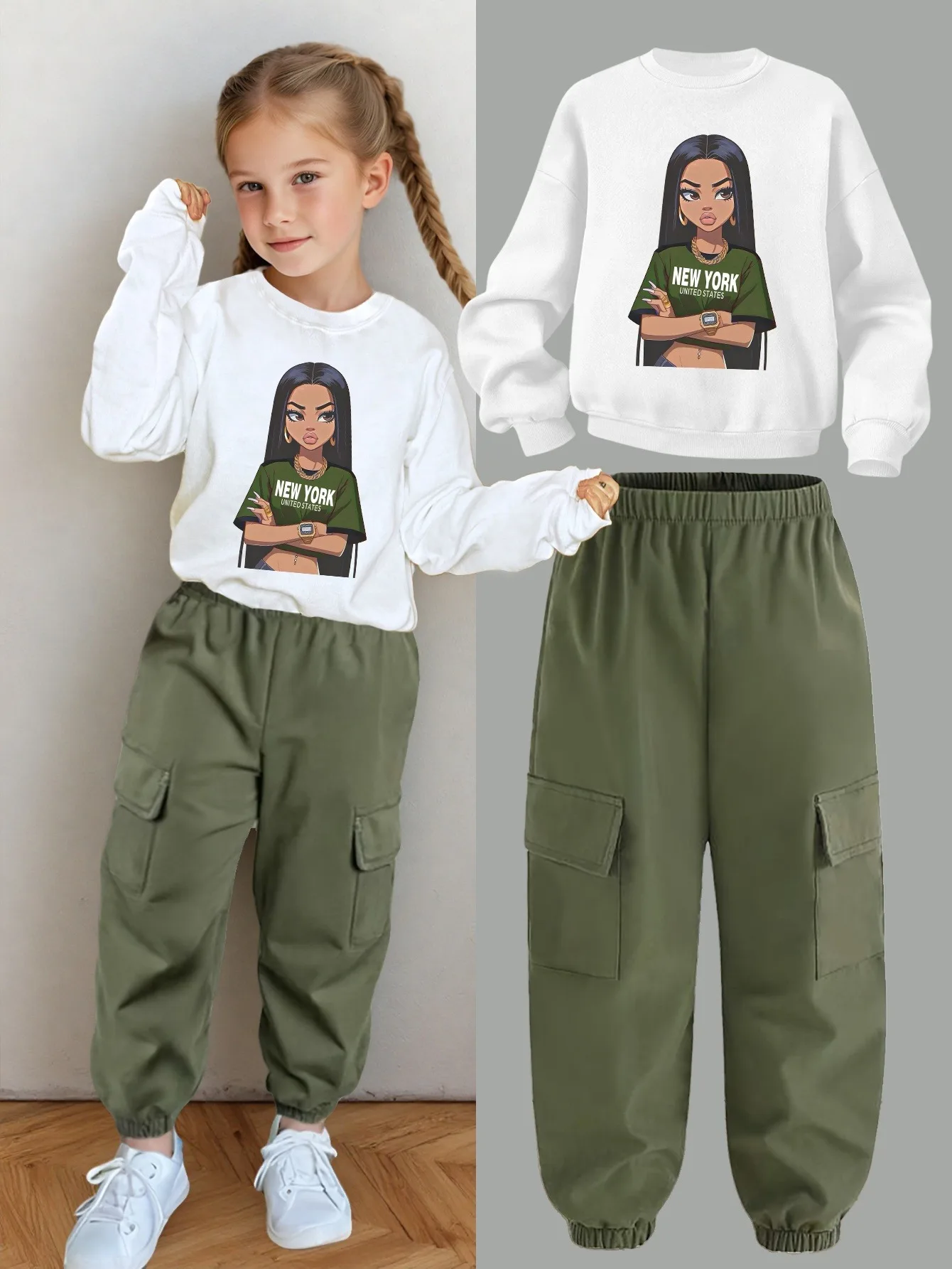 Kids Girls 2 Piece Streetwear Outfit Cartoon Character Print Crew Neck Sweatshirt Elastic Waist Multi Pocket Cargo Jogger Pants