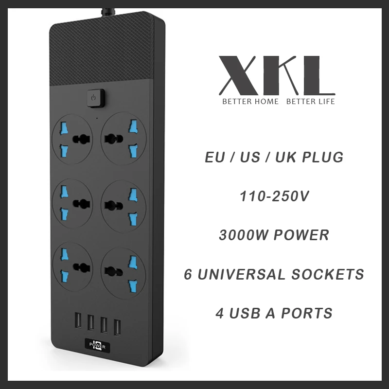 xkl power strip com interruptor tomadas eletricas ue eua uk plug tomada universal porta de carregamento usb 2m 3000w estender a fonte de alimentacao 01